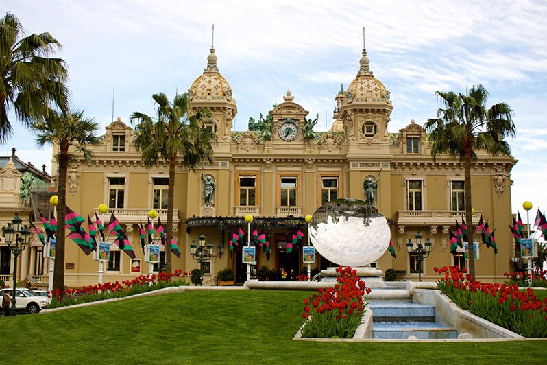 A large building with many decorations in front of it.